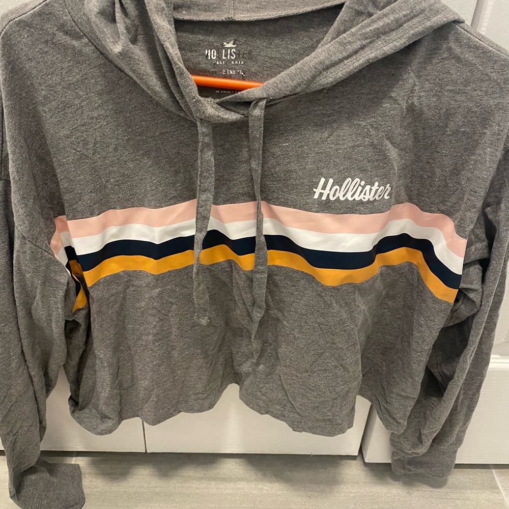 Hollister gray with pink white yellow stripes size small long sleeve hoodie crop